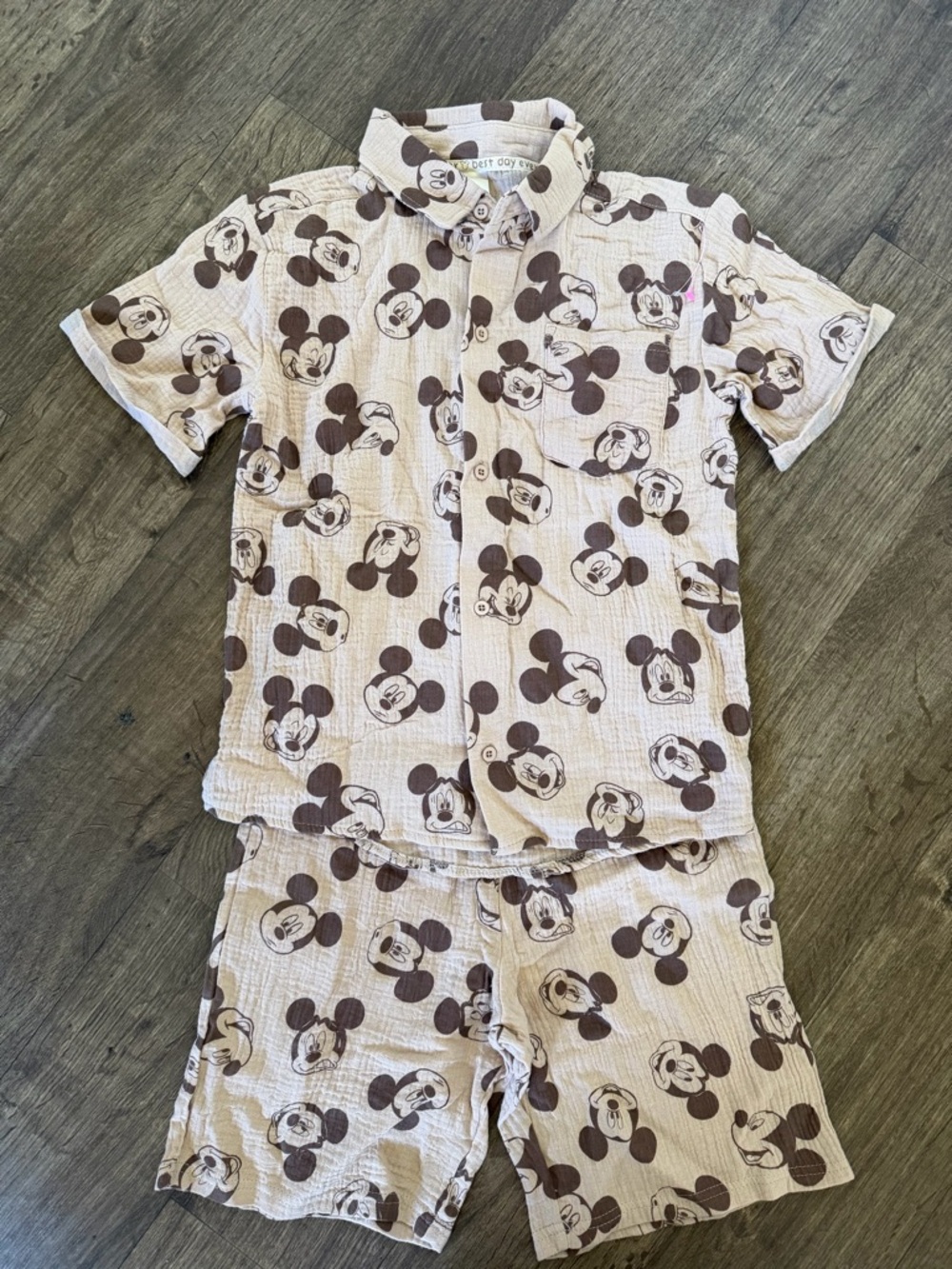 Kids Beige & Brown Mickey Pajama Set - Short Sleeve Shirt & Shorts